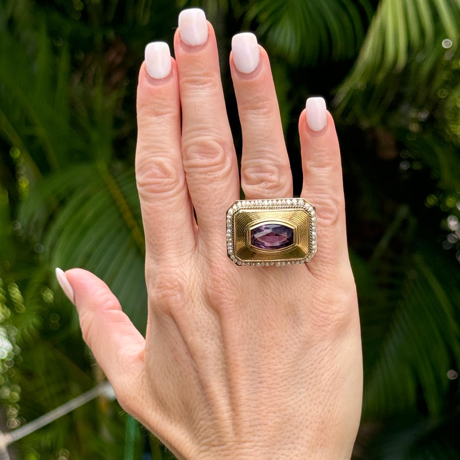 Oval Cut 1950's  Amethyst Seed Pearl 14 Karat Yellow Gold Rectangular Cocktail Ring