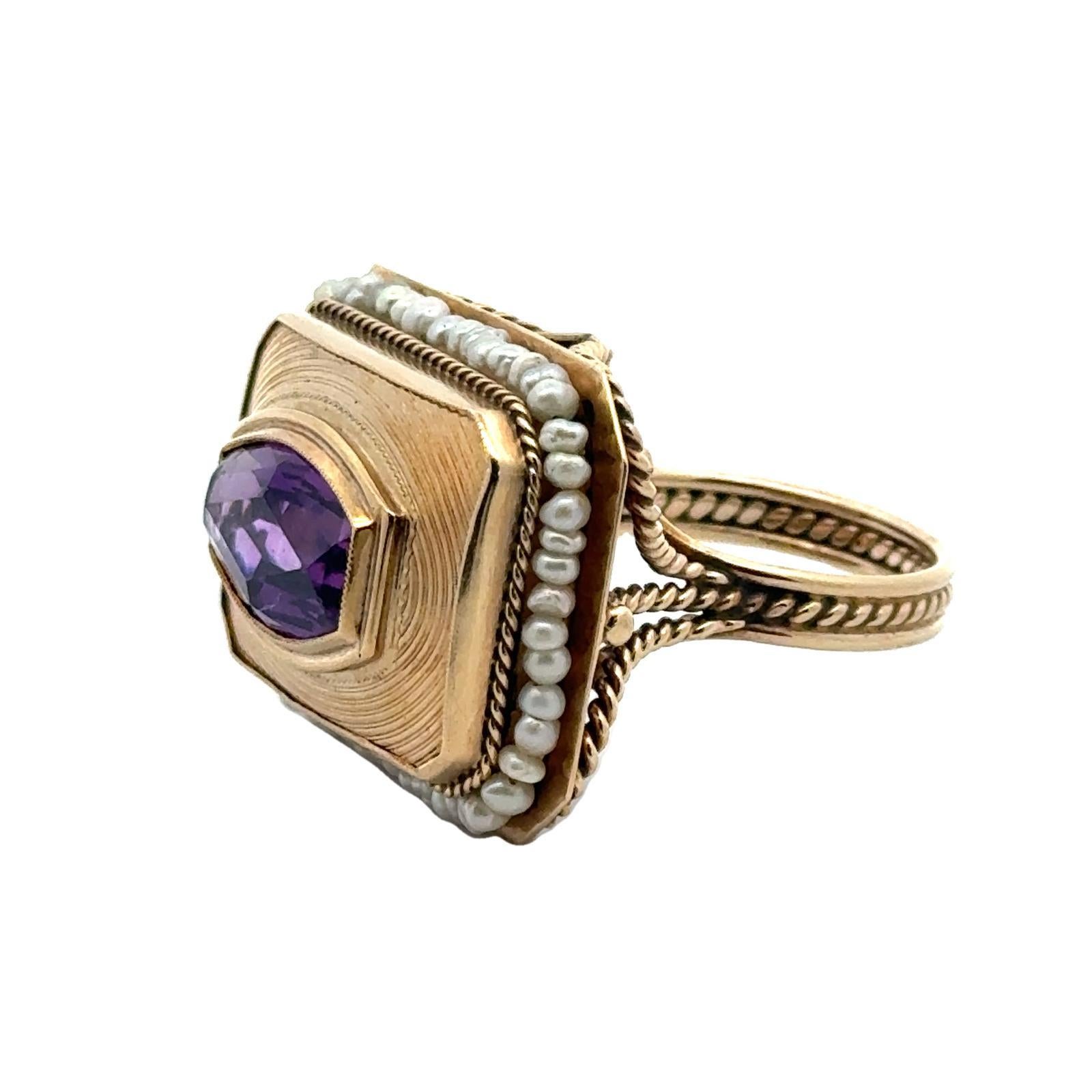 1950's  Amethyst Seed Pearl 14 Karat Yellow Gold Rectangular Cocktail Ring In Excellent Condition In Boca Raton, FL