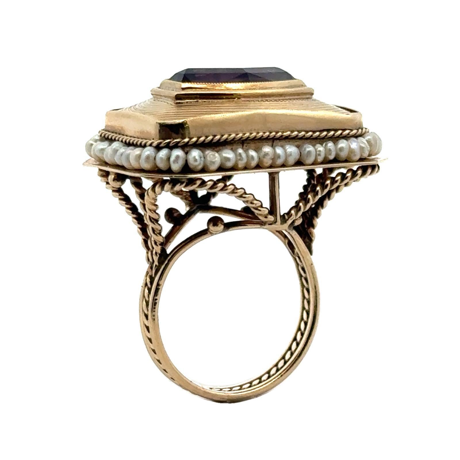 1950's  Amethyst Seed Pearl 14 Karat Yellow Gold Rectangular Cocktail Ring 1