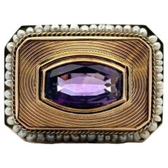 1950's  Amethyst Seed Pearl 14 Karat Yellow Gold Rectangular Cocktail Ring