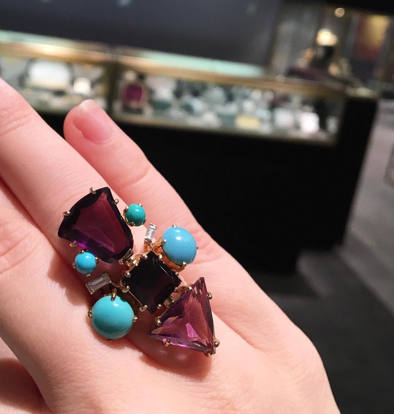 Women's or Men's French Mid-Century Amethyst, Turquoise, and Diamond Geometric Cocktail Ring  For Sale