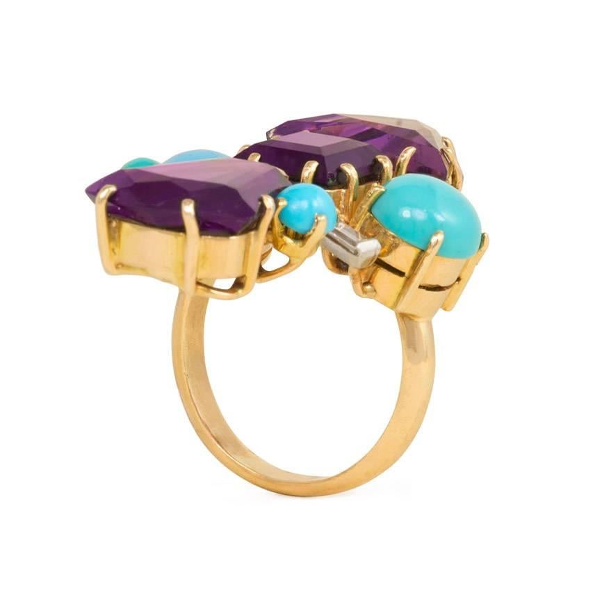 Art Deco French Mid-Century Amethyst, Turquoise, and Diamond Geometric Cocktail Ring  For Sale