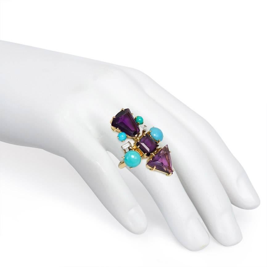 French Mid-Century Amethyst, Turquoise, and Diamond Geometric Cocktail Ring  In Good Condition For Sale In New York, NY