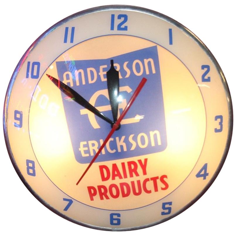 1950s Anderson Erickson Dairy Advertising Double Bubble Clock For Sale
