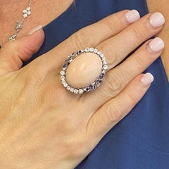1950's Angel Skin Coral Diamond Sapphire Cocktail Ring 18KWG Adjustable Shank