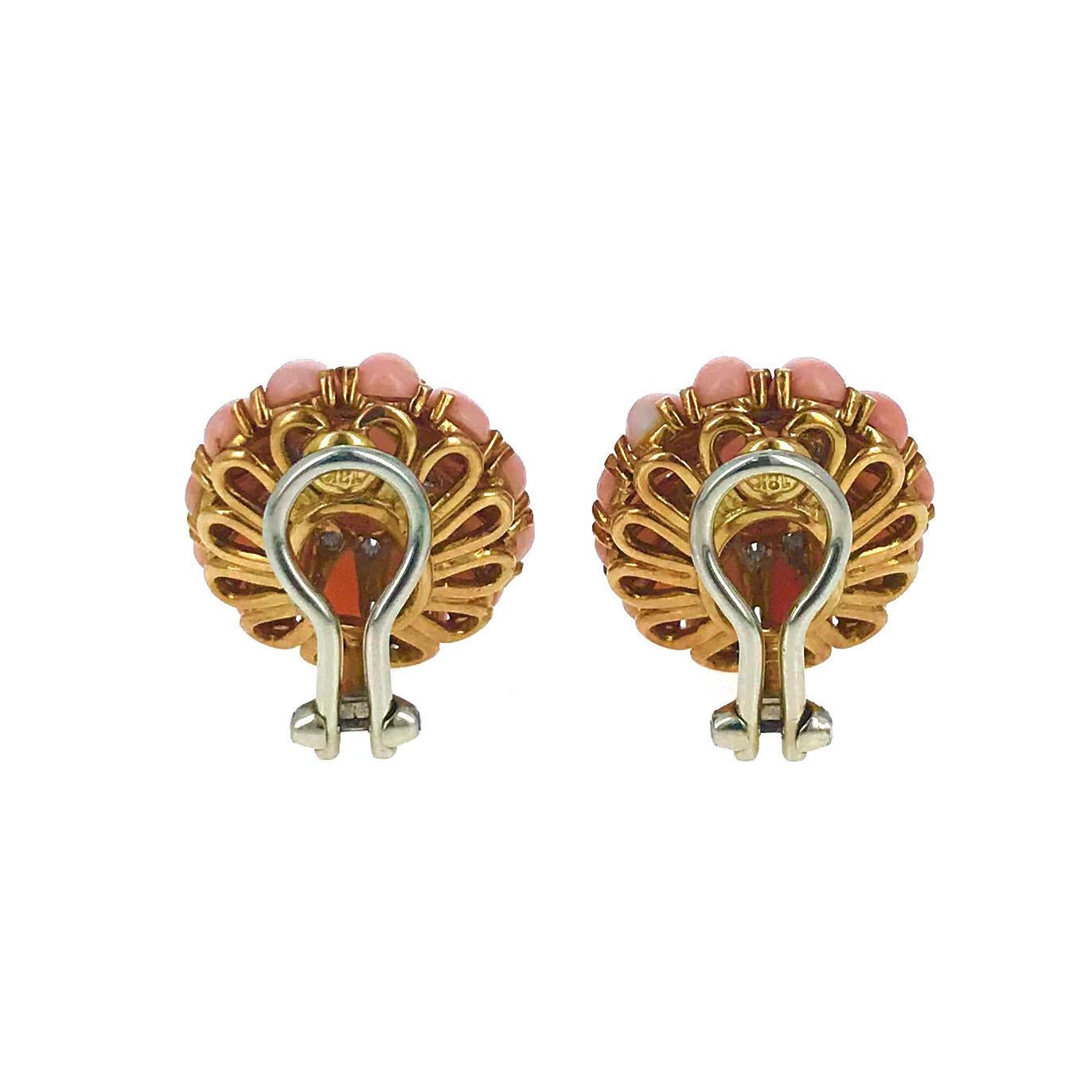 Modern 1950s Angel Skin Coral Diamond Gold Clip Earrings