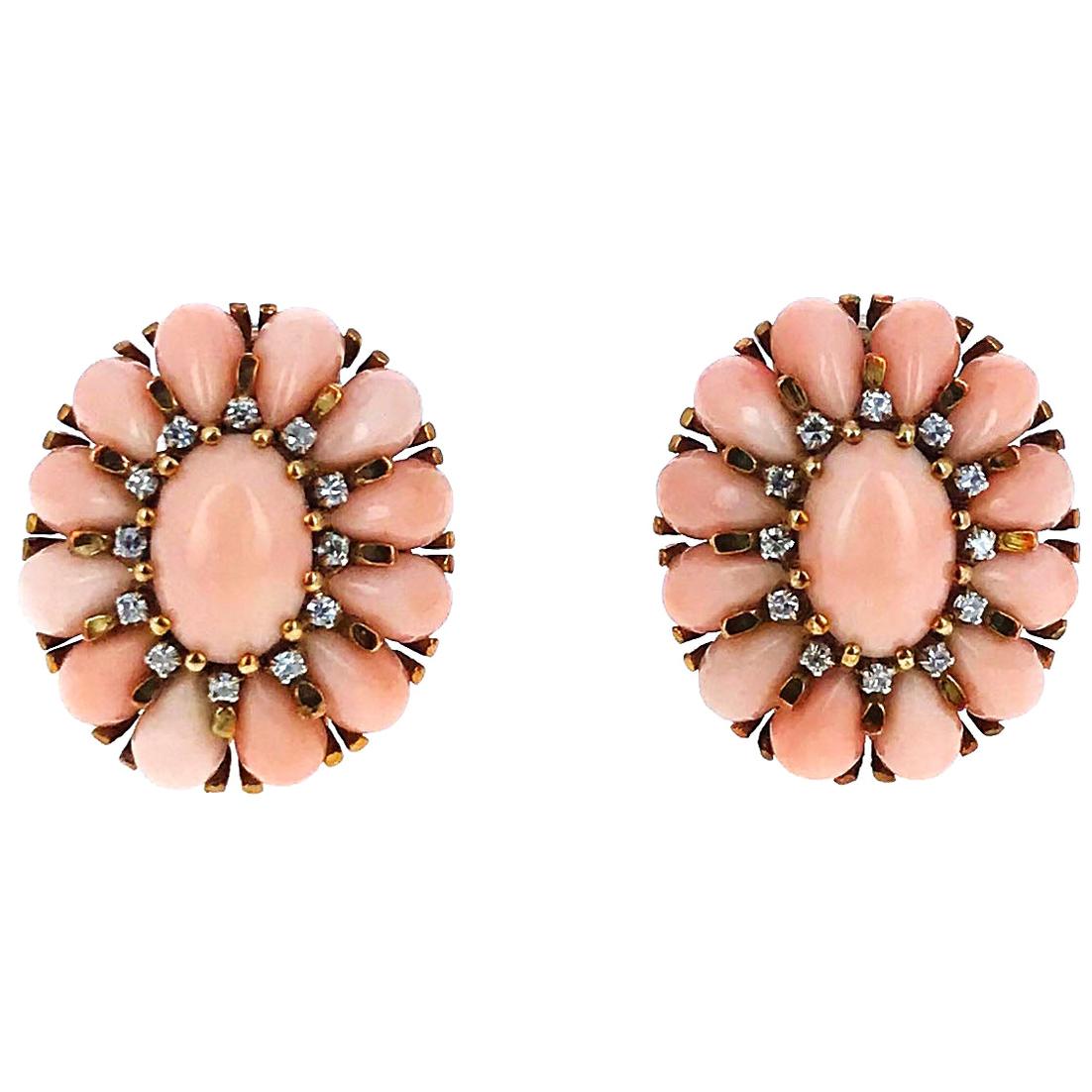 1950s Angel Skin Coral Diamond Gold Clip Earrings
