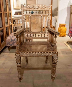 1950s Anglo-Indian Armchair with Bone Marquetry and Rattan Cane