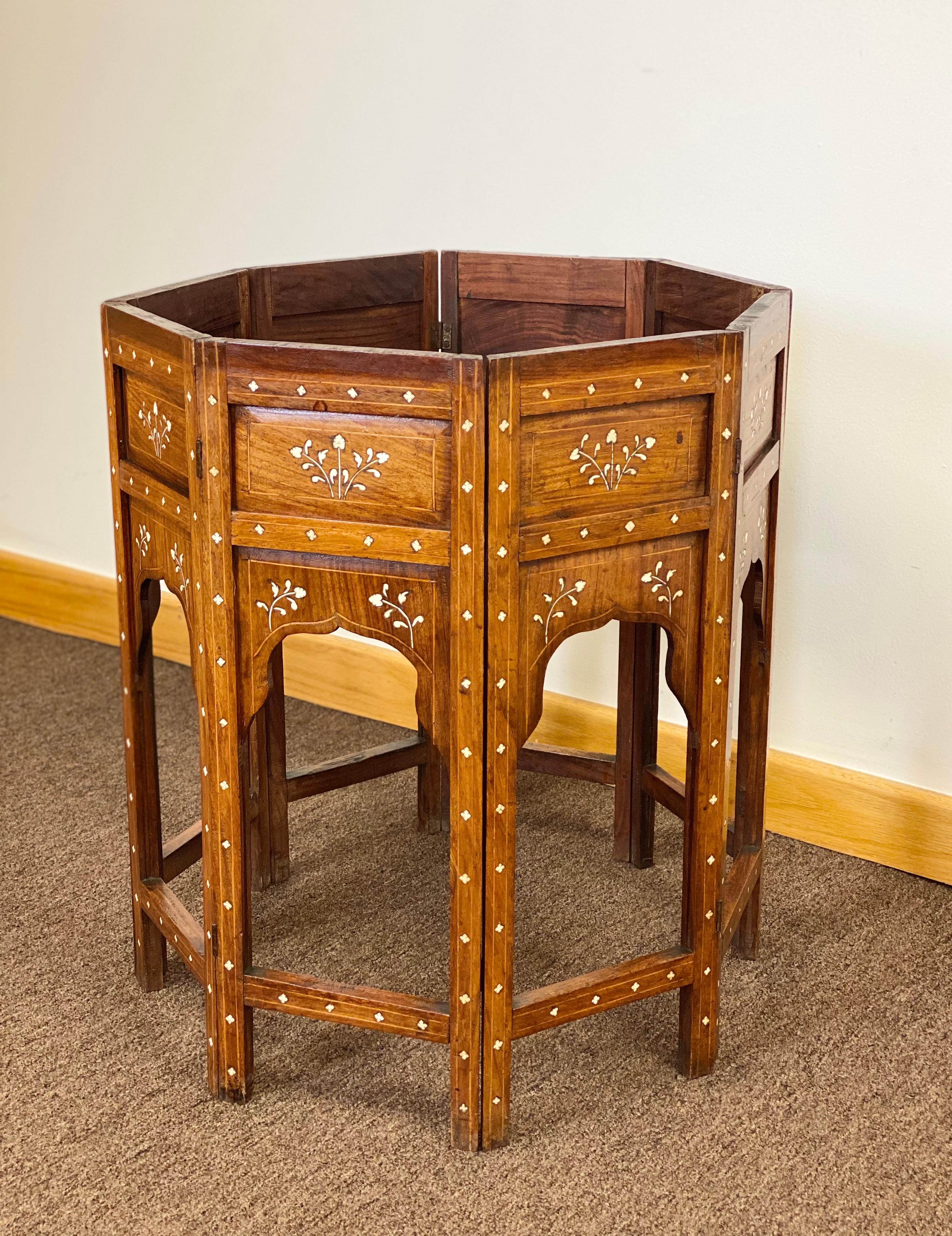 European 1950s Anglo-Indian Bone Inlaid Octagonal Side Folding Tea Table