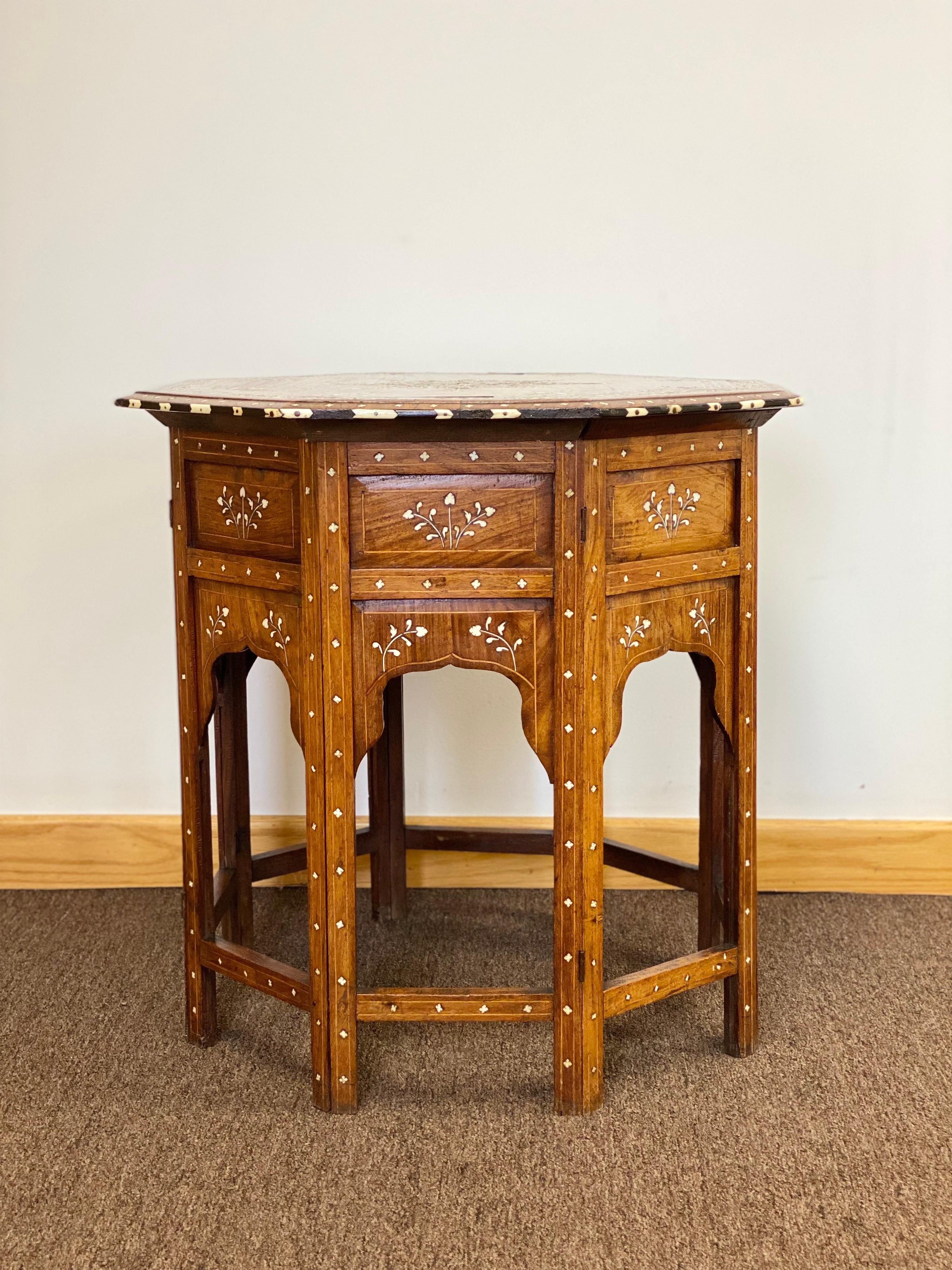 1950s Anglo-Indian Bone Inlaid Octagonal Side Folding Tea Table 2