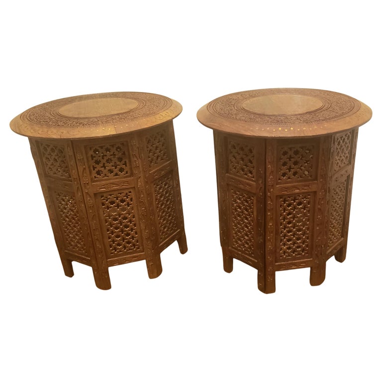 1950s Anglo-Indian Octagonal Carved Teak Collapsible Side Table with Brass  Inlay For Sale at 1stDibs