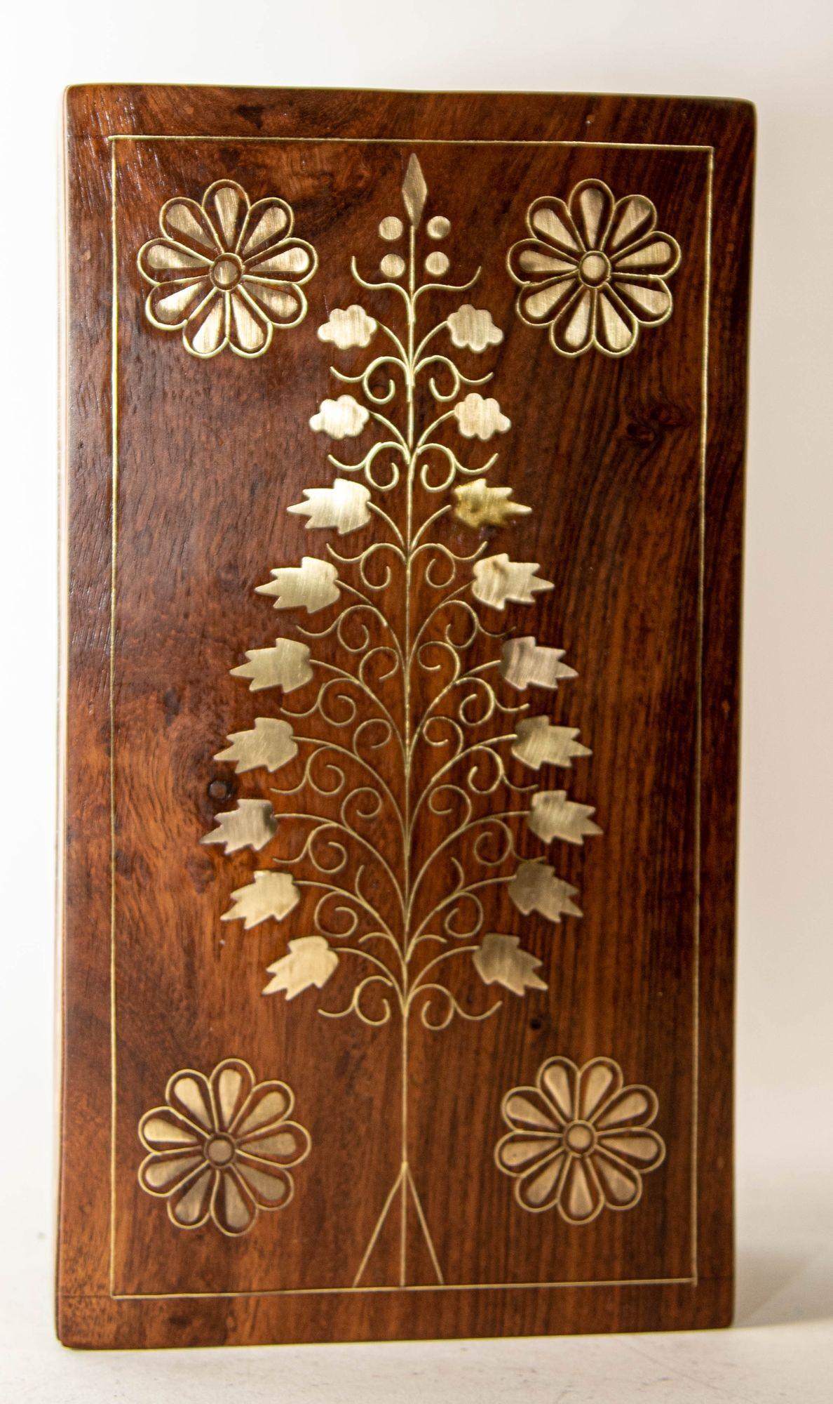 1950s Anglo Indian Style Rosewood Box with Brass Tree of Life Symbol Inlaid For Sale 7
