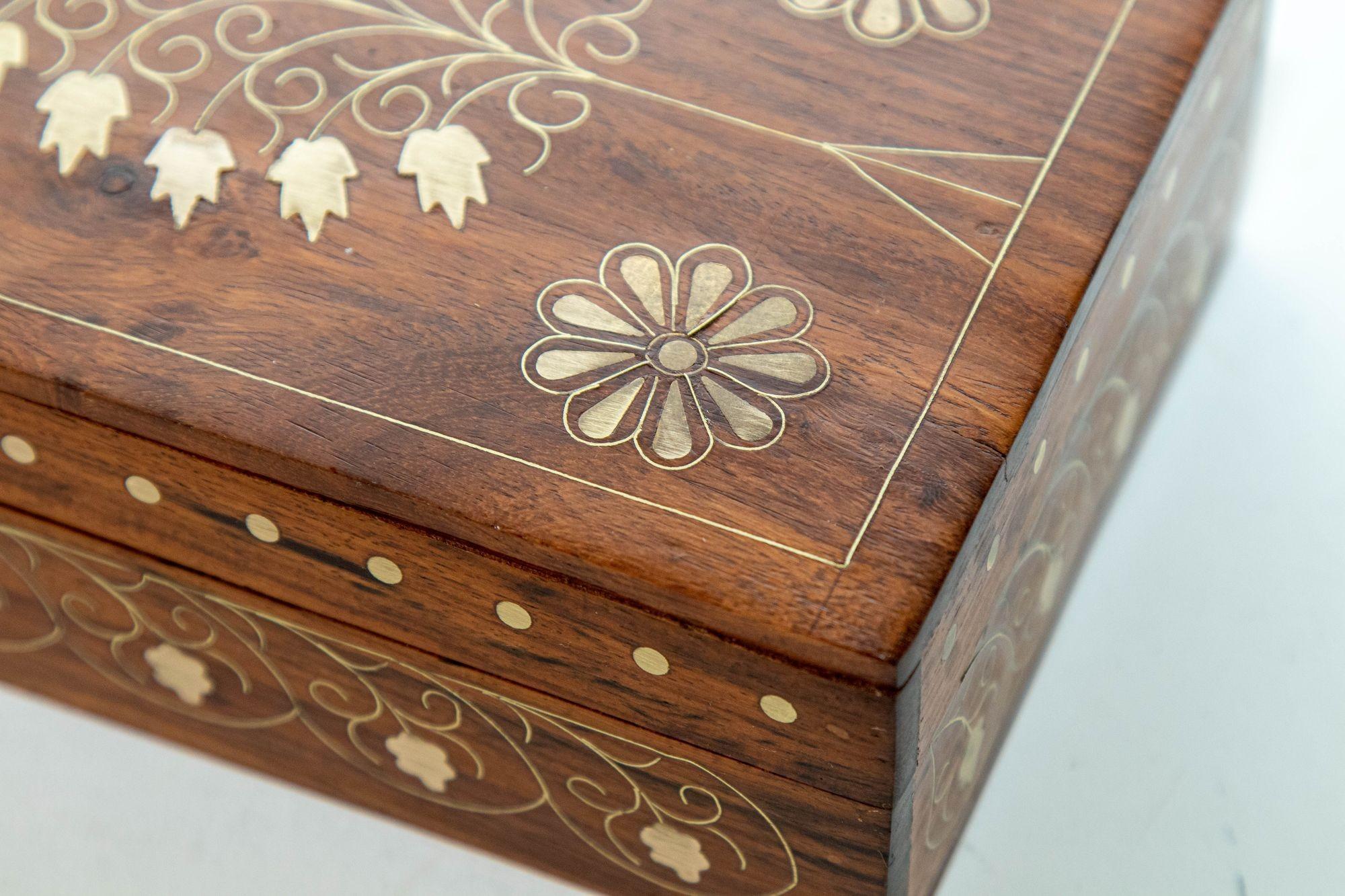 Carved 1950s Anglo Indian Style Rosewood Box with Brass Tree of Life Symbol Inlaid For Sale
