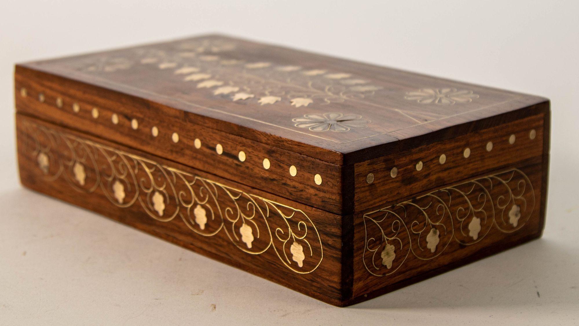1950s Anglo Indian Style Rosewood Box with Brass Tree of Life Symbol Inlaid For Sale 1