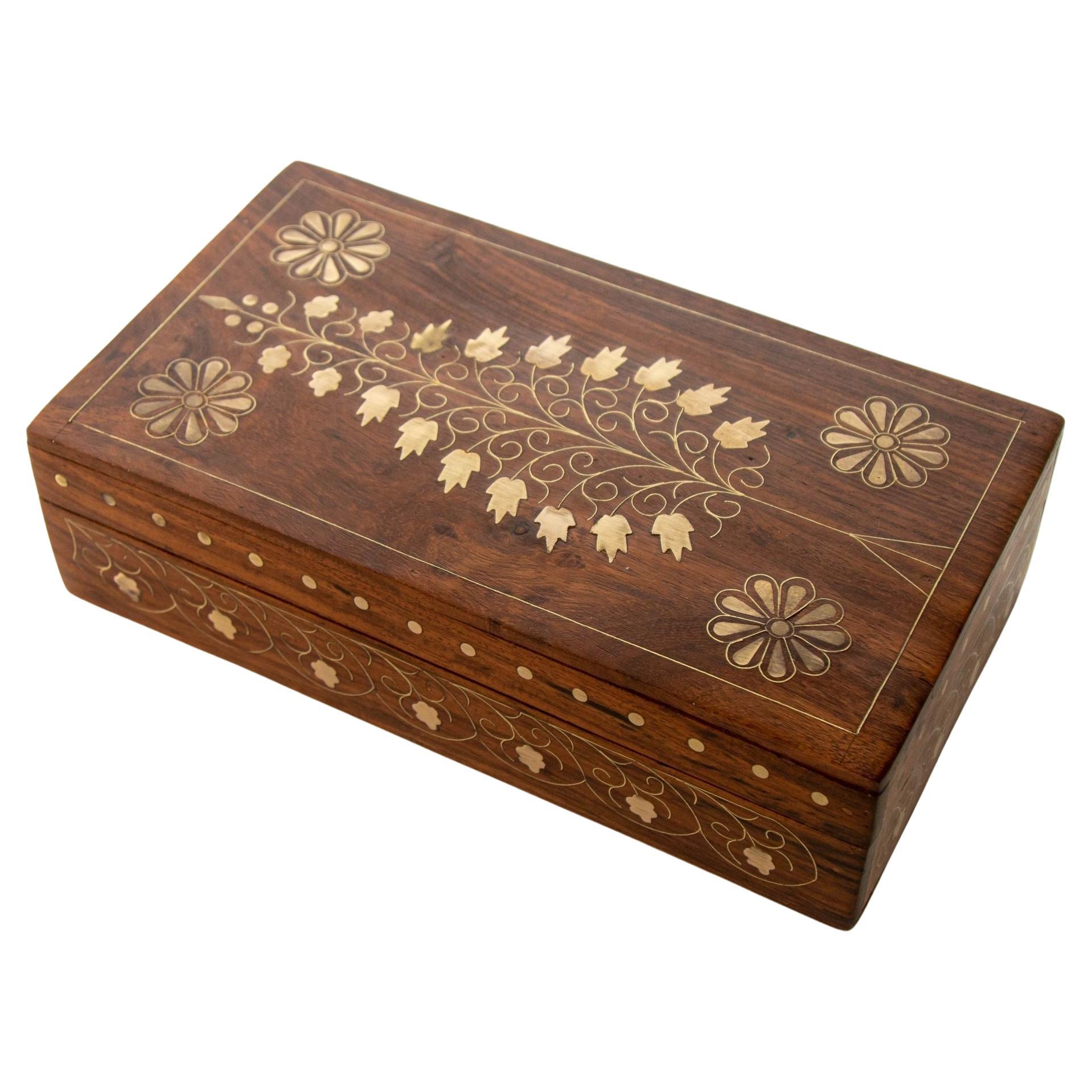 1950s Anglo Indian Style Rosewood Box with Brass Tree of Life Symbol Inlaid For Sale