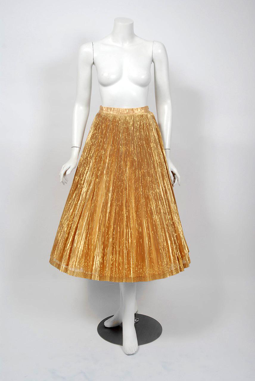 Women's 1950's Anita Bari Metallic-Gold Lamé Collared Blouse & Pleated Skirt Ensemble 