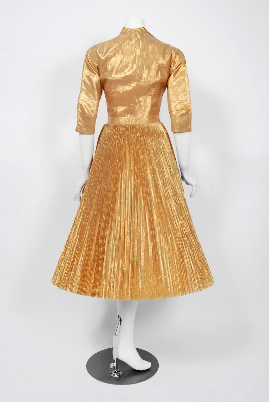 1950's Anita Bari Metallic-Gold Lamé Collared Blouse & Pleated Skirt Ensemble  1
