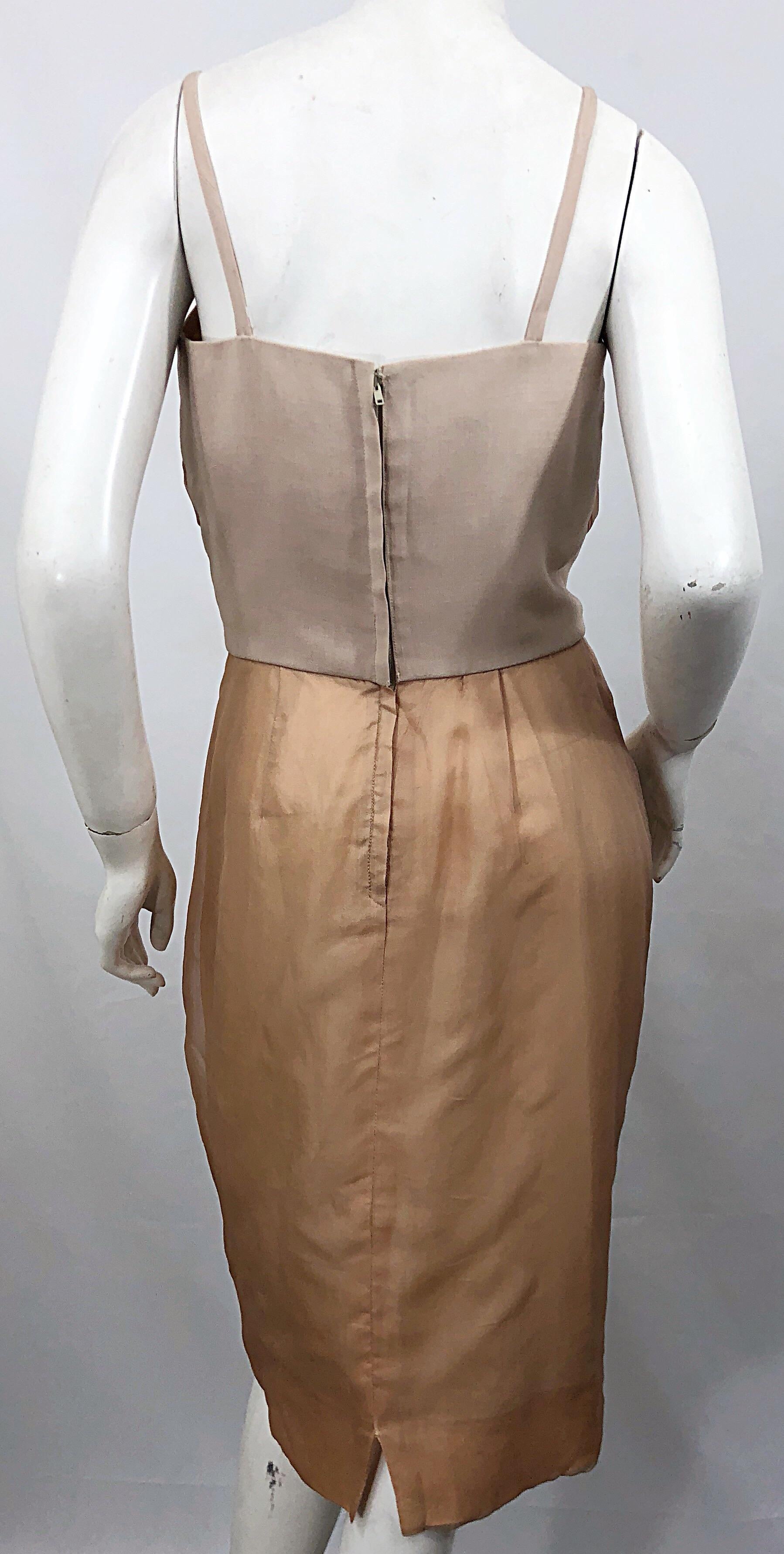 1950s Anita Modes Demi Couture Nude Blush Silk Vintage 50s Chiffon Dress For Sale 2