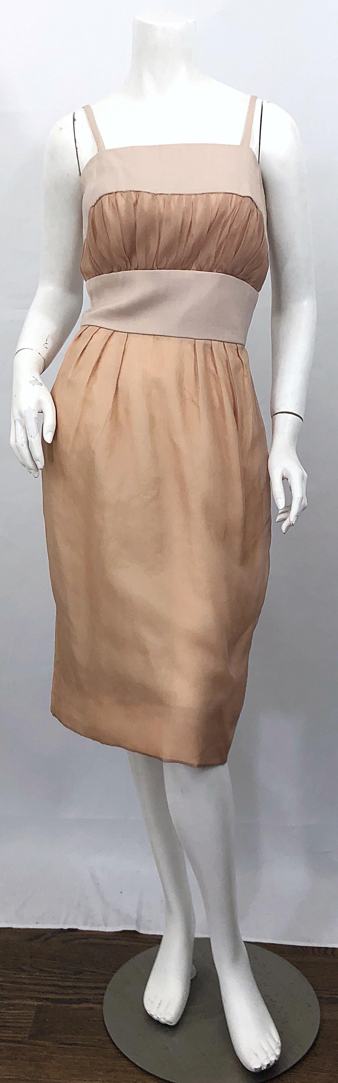 Brown 1950s Anita Modes Demi Couture Nude Blush Silk Vintage 50s Chiffon Dress For Sale
