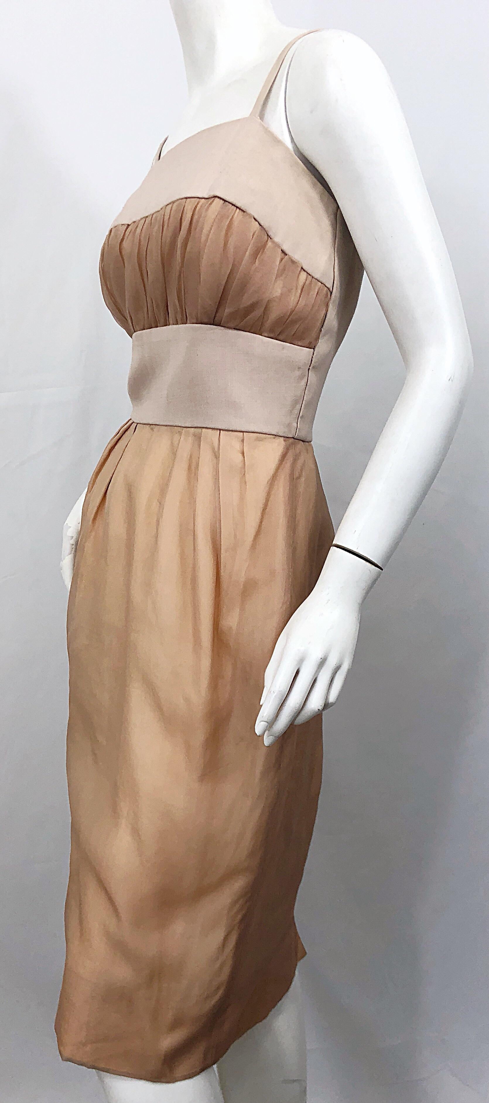 1950s Anita Modes Demi Couture Nude Blush Silk Vintage 50s Chiffon Dress In Excellent Condition For Sale In San Diego, CA