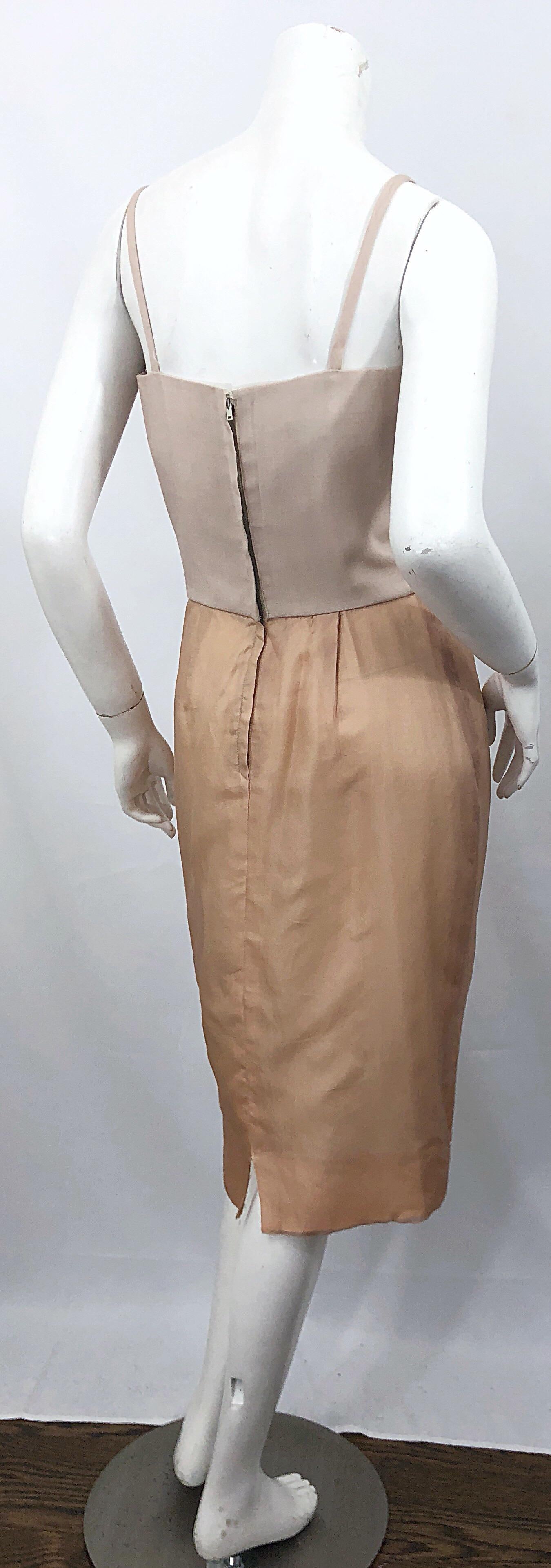 Women's 1950s Anita Modes Demi Couture Nude Blush Silk Vintage 50s Chiffon Dress For Sale