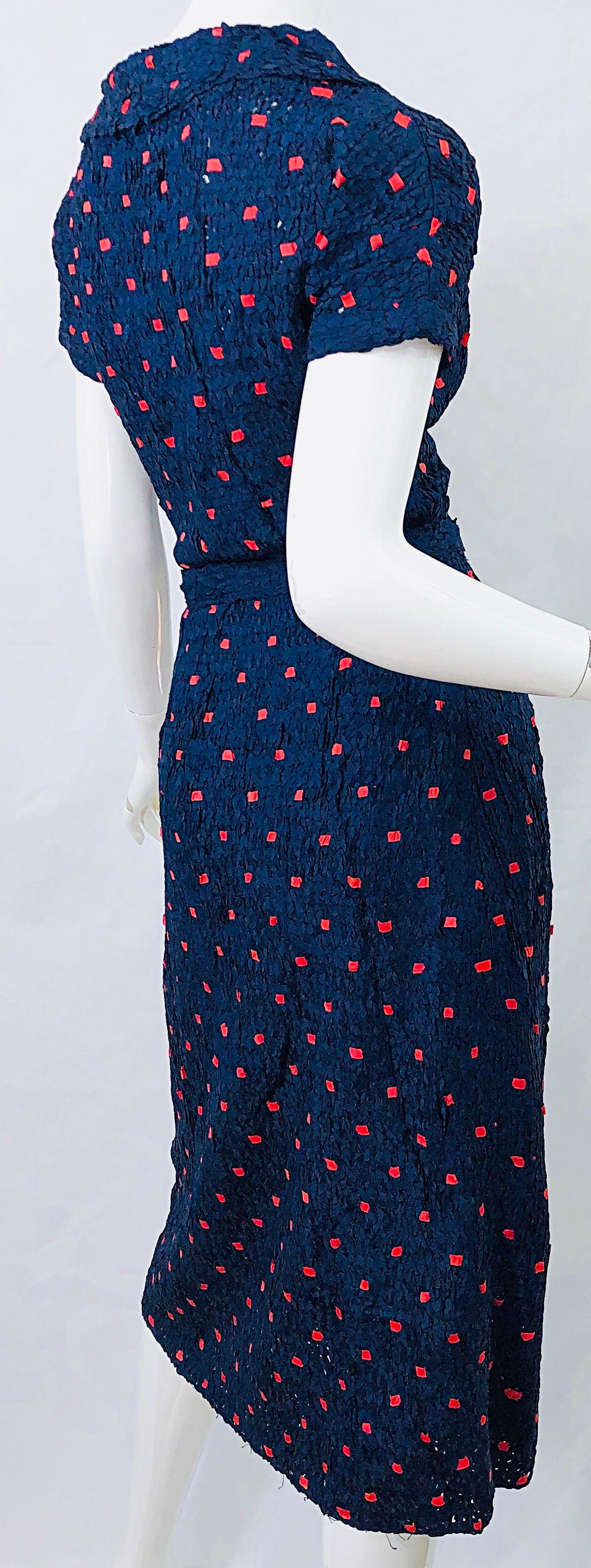 1950s Ann Fleischer for I Magnin Hand Ribbon Knit Navy Blue + Red Vintage Dress For Sale 3