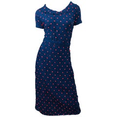 1950s Ann Fleischer for I Magnin Hand Ribbon Knit Navy Blue + Red Vintage Dress