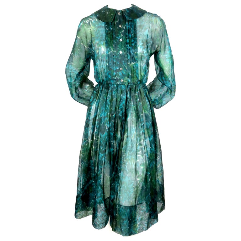 1950's ANNE FOGARTY emerald green and blue silk printed dress at 1stDibs