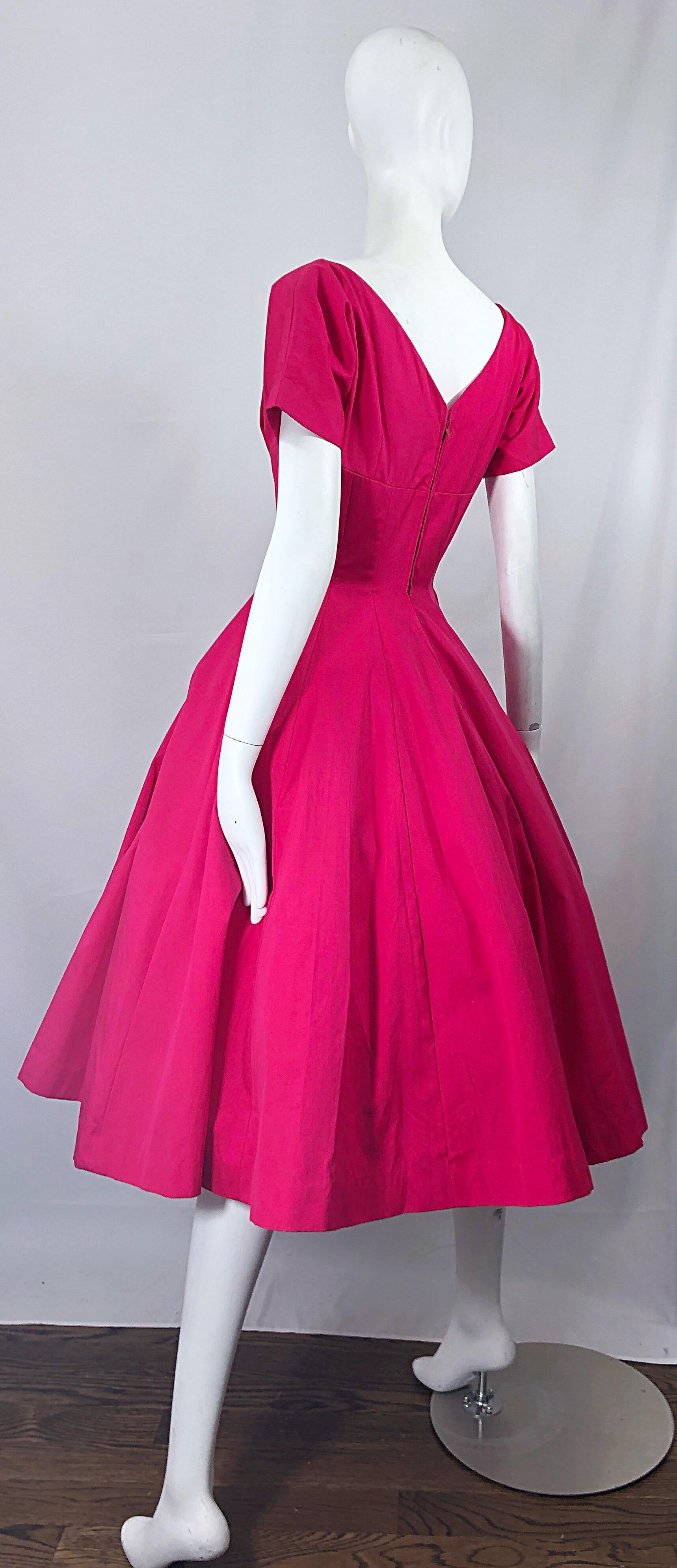 1950s Anne Fogarty Hot Pink Silk Vintage 50s Fit n' Flare New Look Dress For Sale 3
