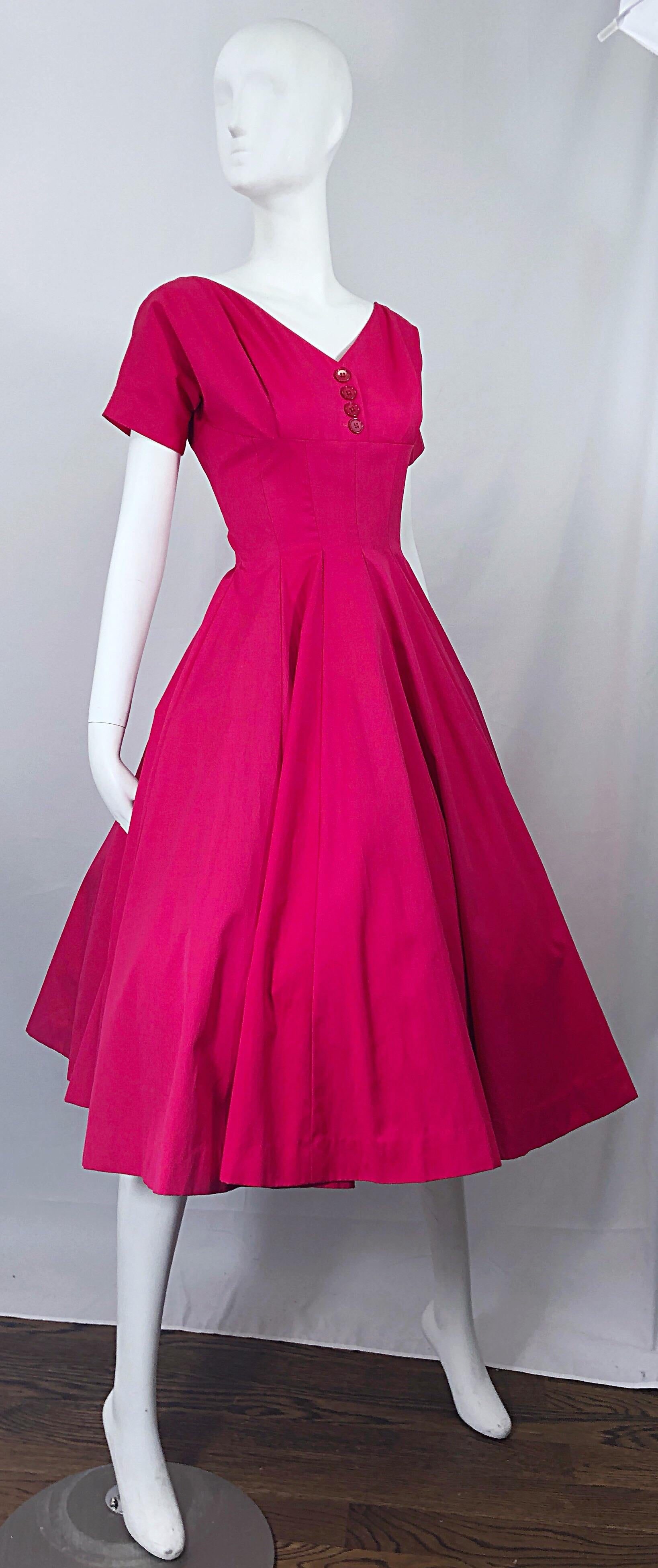 1950s Anne Fogarty Hot Pink Silk Vintage 50s Fit n' Flare New Look Dress For Sale 4