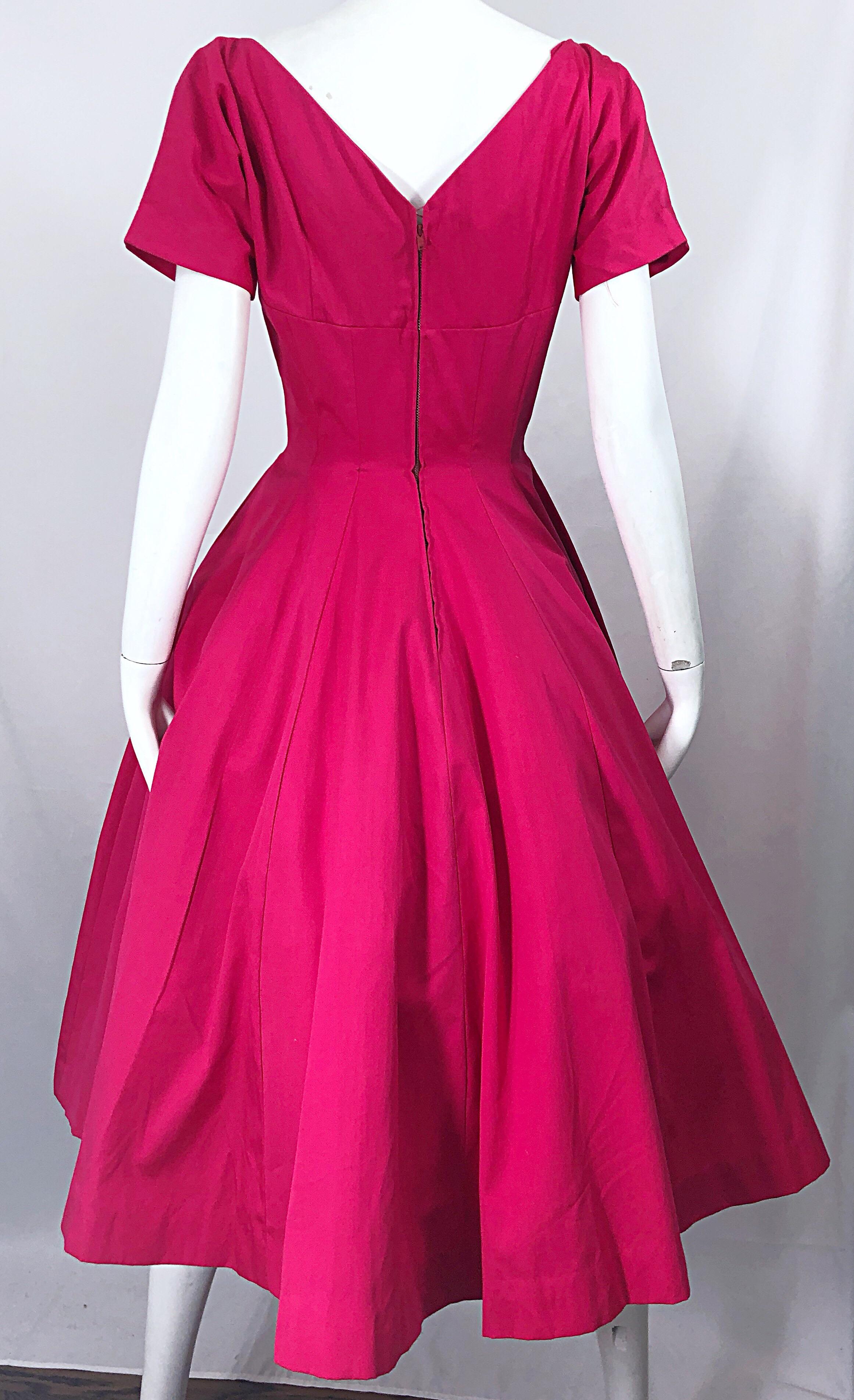 1950s Anne Fogarty Hot Pink Silk Vintage 50s Fit n' Flare New Look Dress For Sale 5