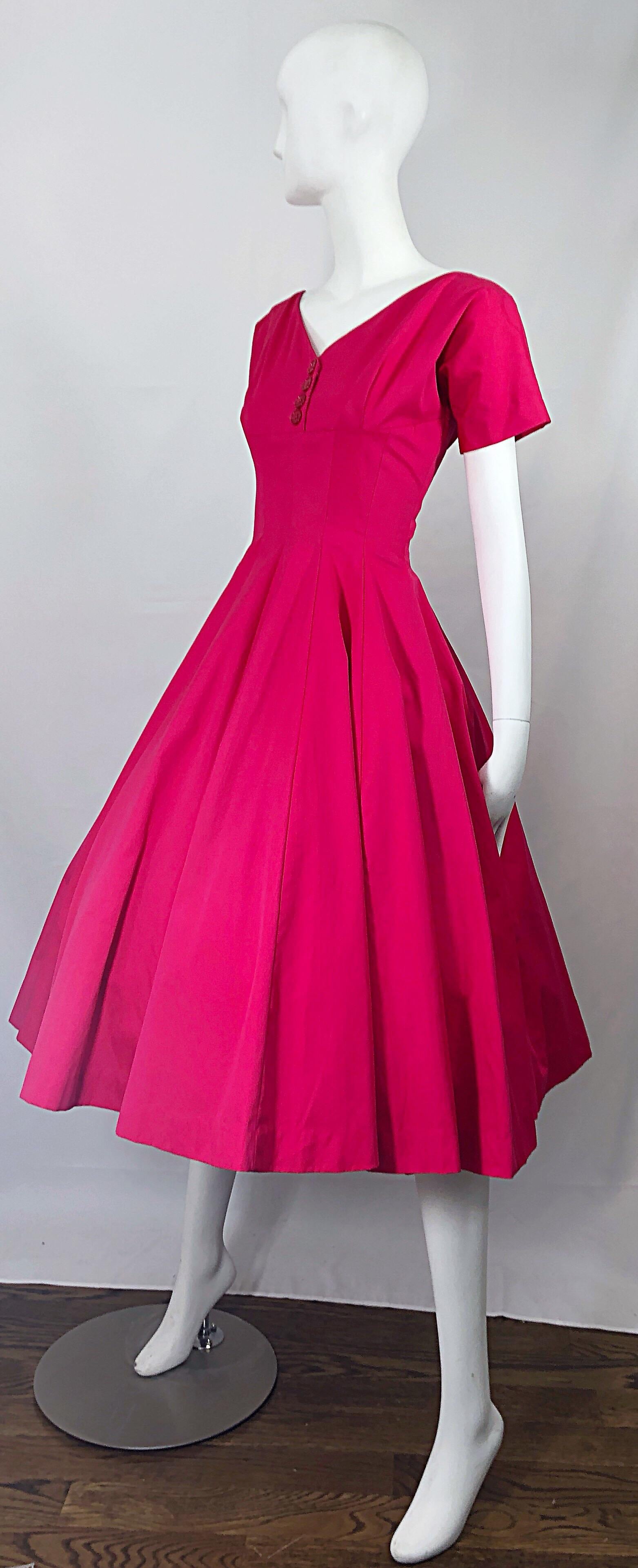 1950s Anne Fogarty Hot Pink Silk Vintage 50s Fit n' Flare New Look Dress For Sale 6