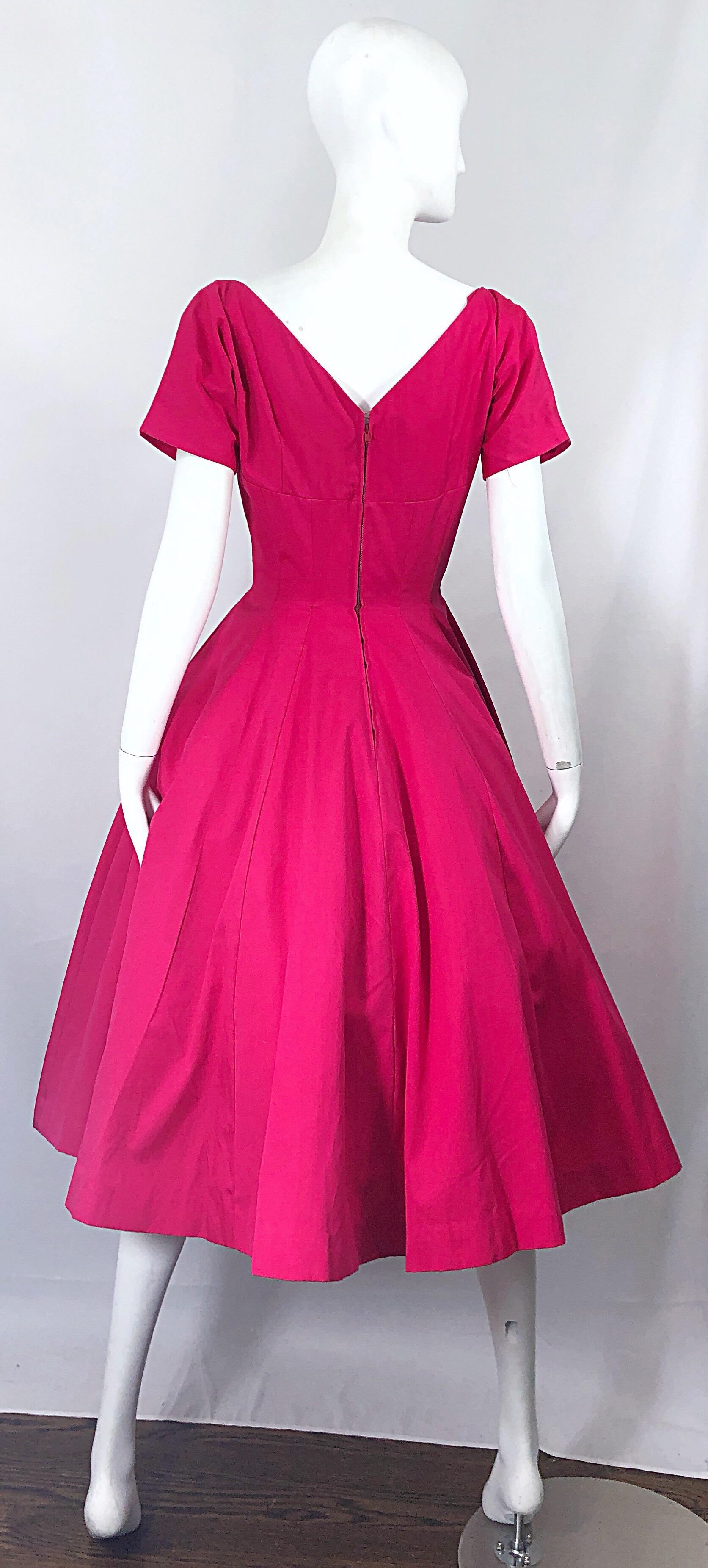 1950s Anne Fogarty Hot Pink Silk Vintage 50s Fit n' Flare New Look Dress In Excellent Condition For Sale In San Diego, CA