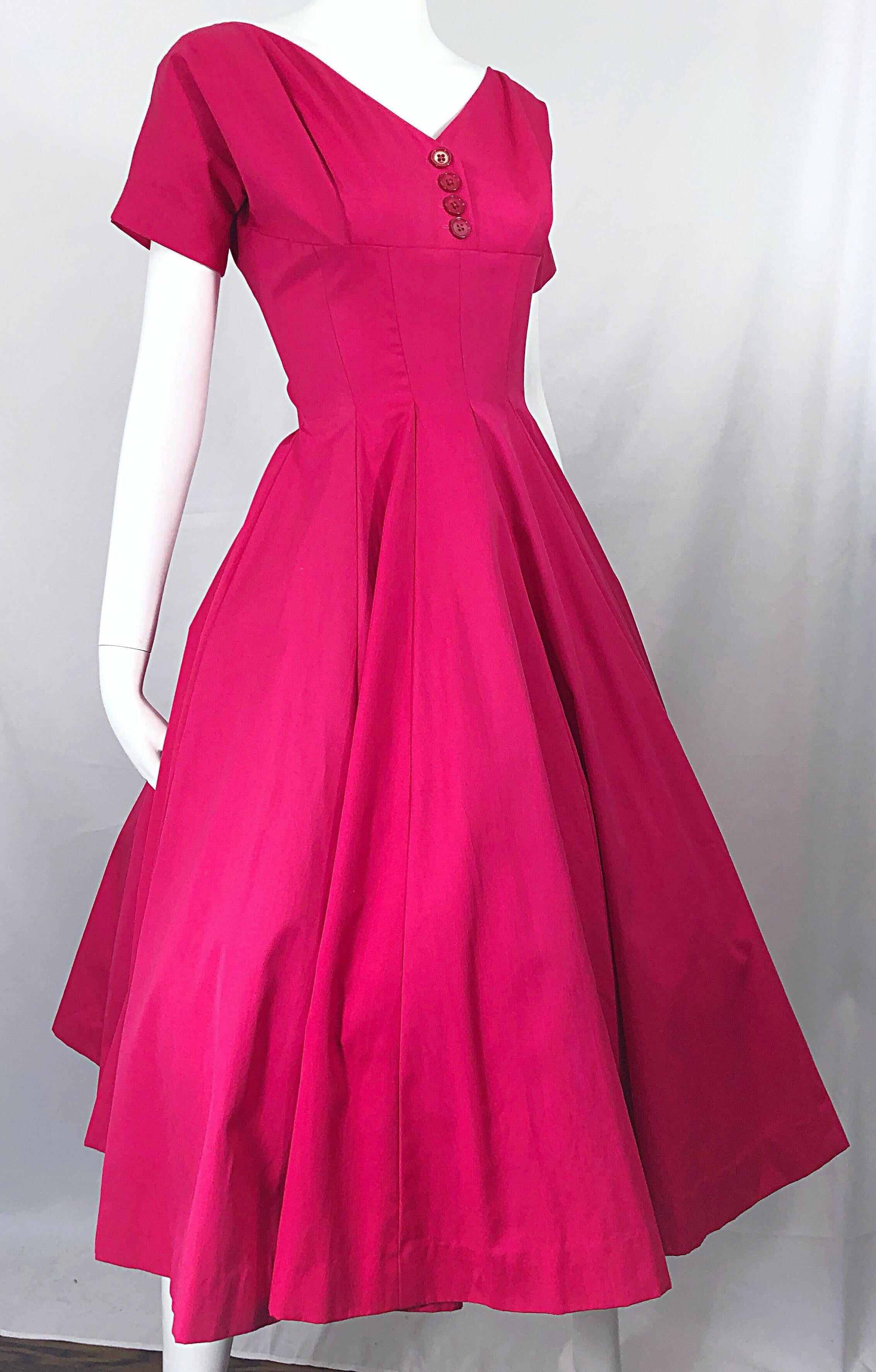 Women's 1950s Anne Fogarty Hot Pink Silk Vintage 50s Fit n' Flare New Look Dress For Sale