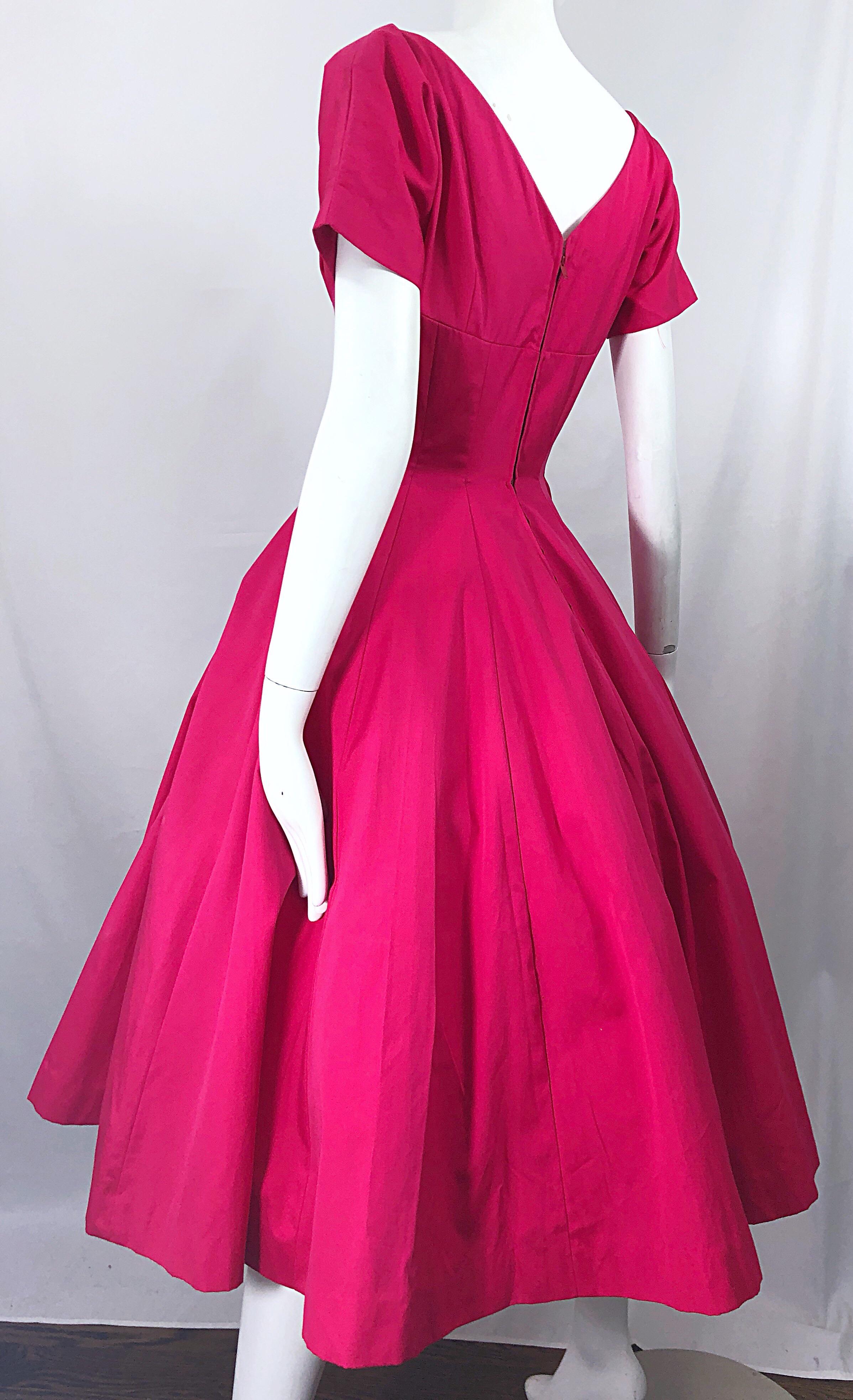 1950s Anne Fogarty Hot Pink Silk Vintage 50s Fit n' Flare New Look Dress For Sale 1