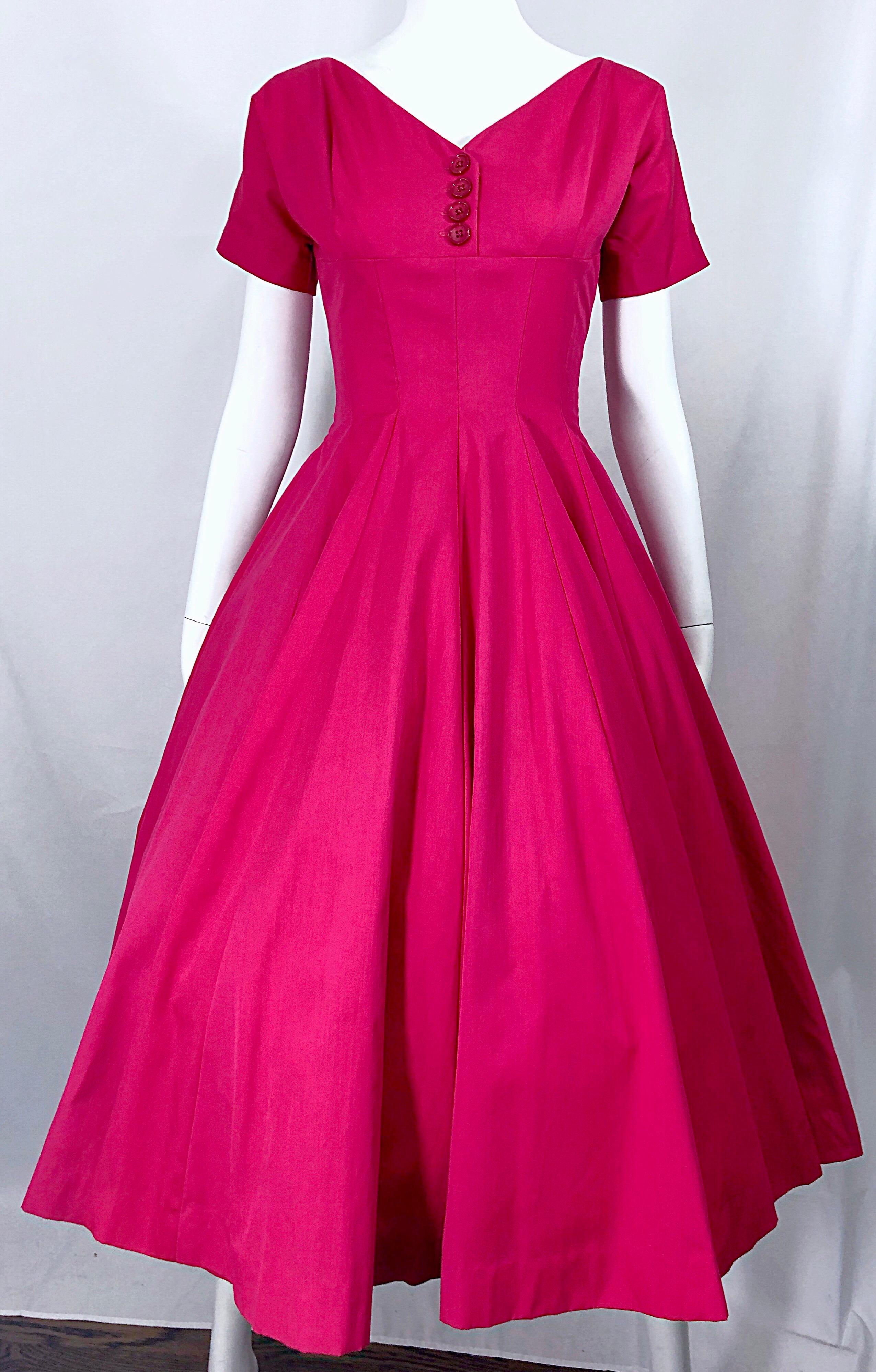 1950s Anne Fogarty Hot Pink Silk Vintage 50s Fit n' Flare New Look Dress For Sale 2