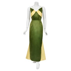 1950's Anne Verdi Couture Green & Yellow Silk Winged-Bust Hourglass Trained Gown