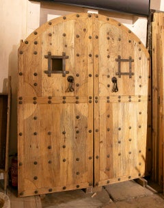 1950s Antique Andalusian Double Wooden Door with Arch and Iron Nails
