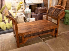1950s Antique Carved Wooden Bench with Geometric Details and Curved Backrest