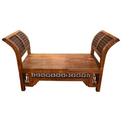 1950s Antique Carved Wooden Bench with Geometric Details and Curved Backrest 1950s Antique Carved Wooden Bench with Geometric Details and Curved Backrest