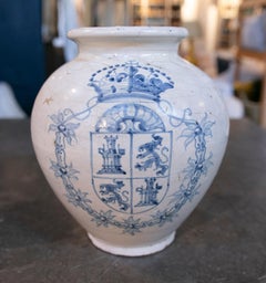 1950s Antique Ceramic Vase with Heraldic Shield in Blue and White