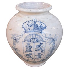 1950s Antique Ceramic Vase with Heraldic Shield in Blue and White