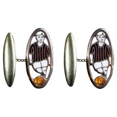 1950s Antique Cufflinks in Metal and Colored Enamels Depicting a Footballer