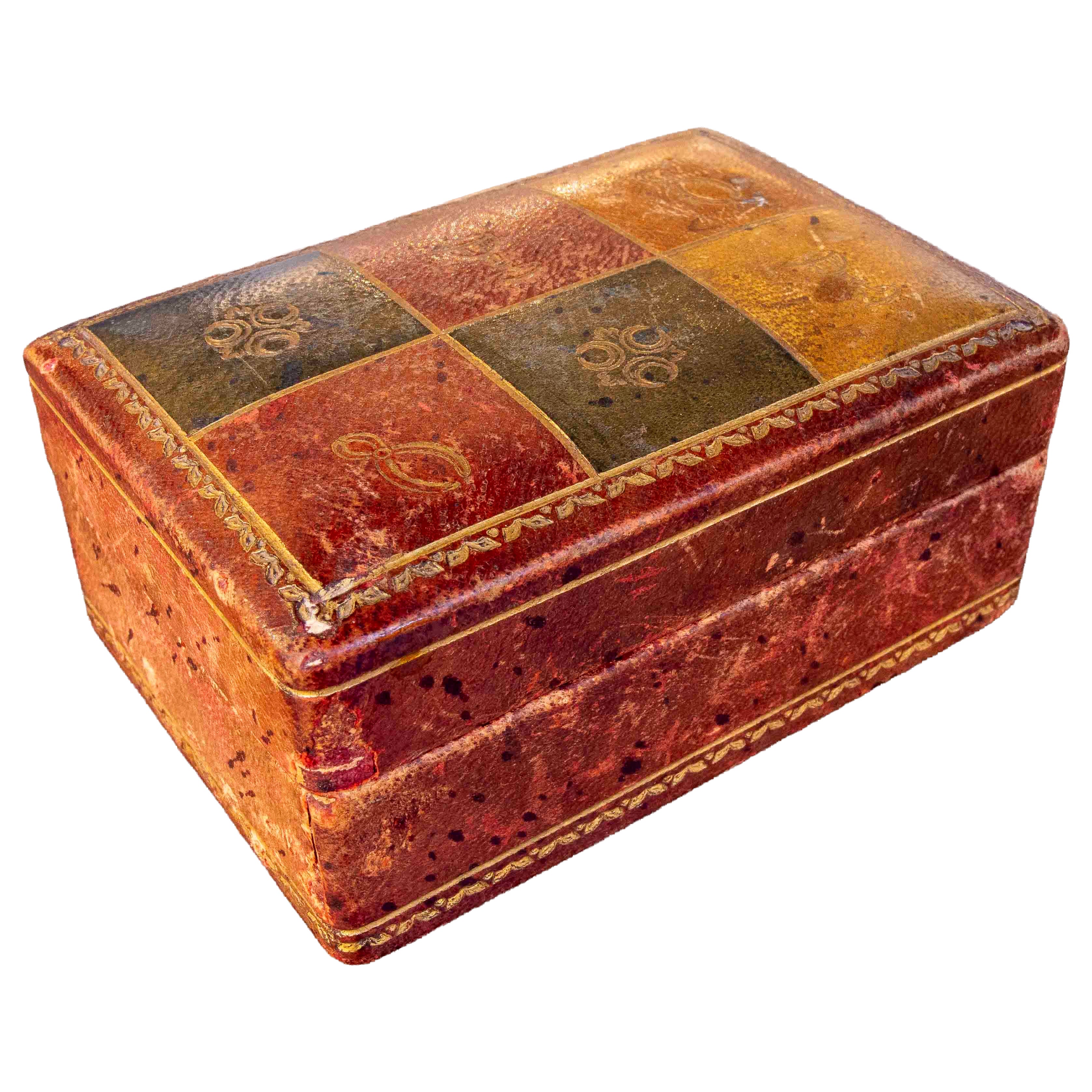 1950s Antique English Polychrome Leather Box with Geometric Decoration For Sale