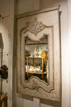 1950s Antique French Mirror Carved and Patinated with White Rocaille Decoration