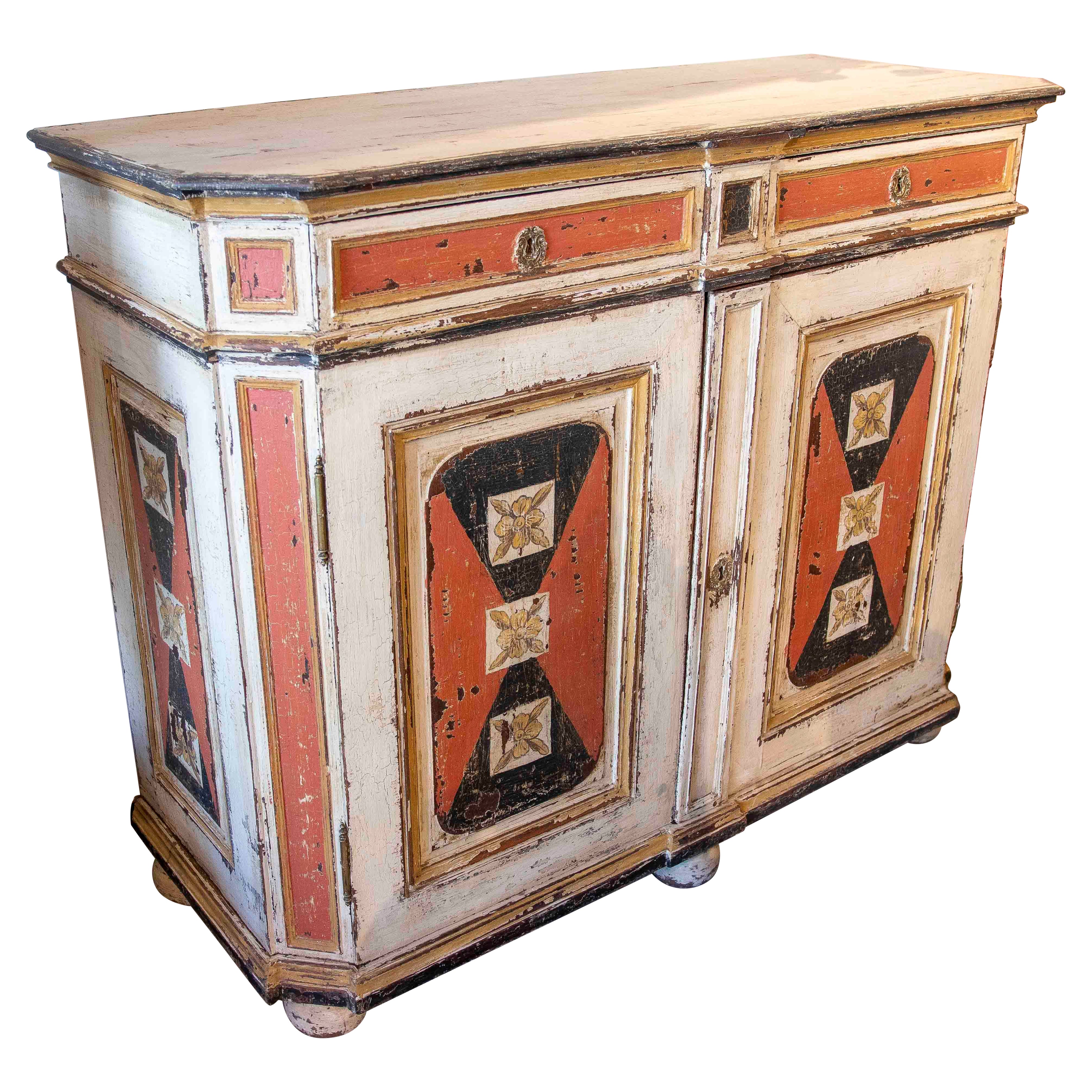 1950s Antique Hand-painted Floral Sideboard with Drawers and Doors
