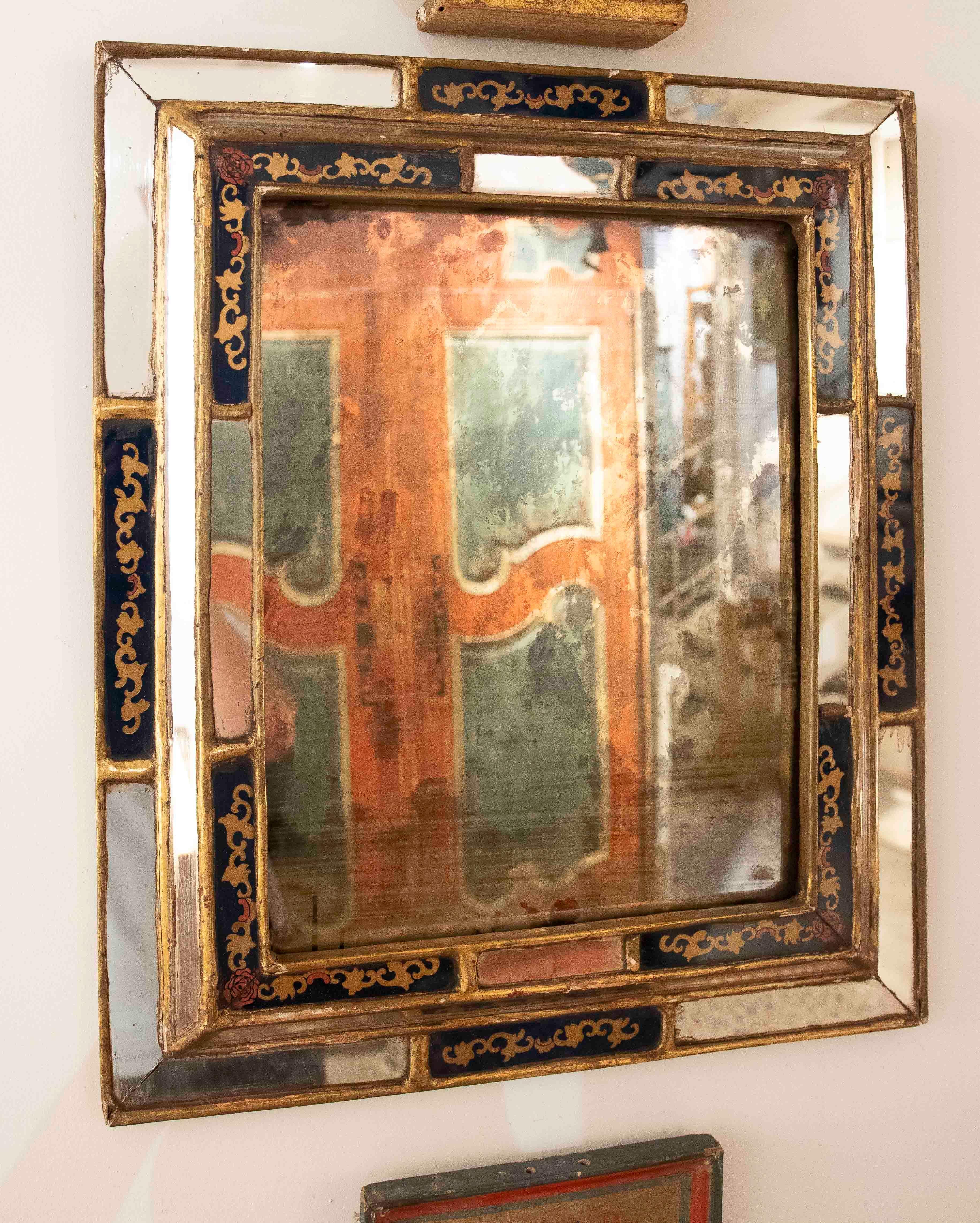 1950s Antique Mirror with Gold Frame and Glass Painted & Gold Leaf For Sale 5