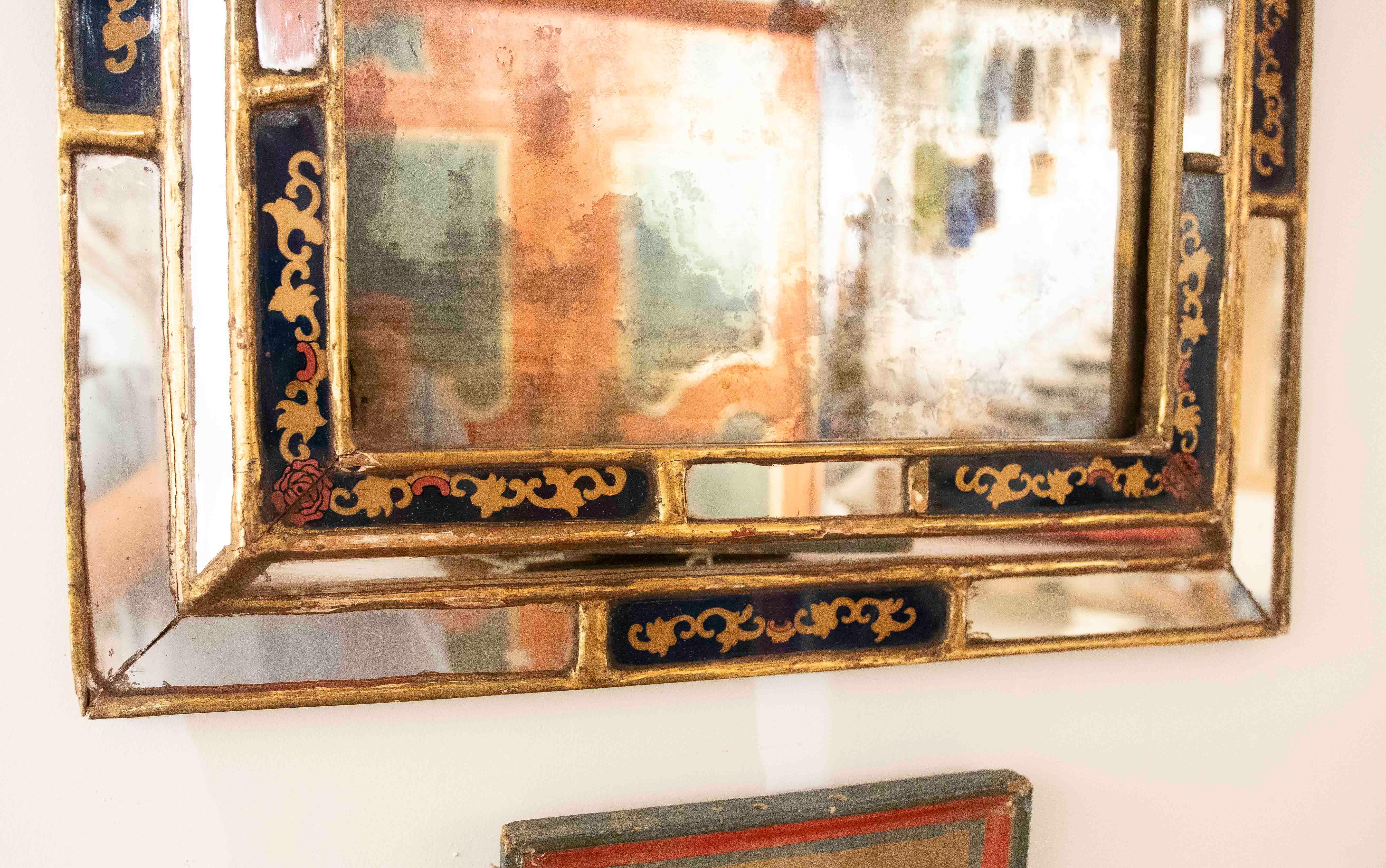 1950s Antique Mirror with Gold Frame and Glass Painted & Gold Leaf For Sale 6