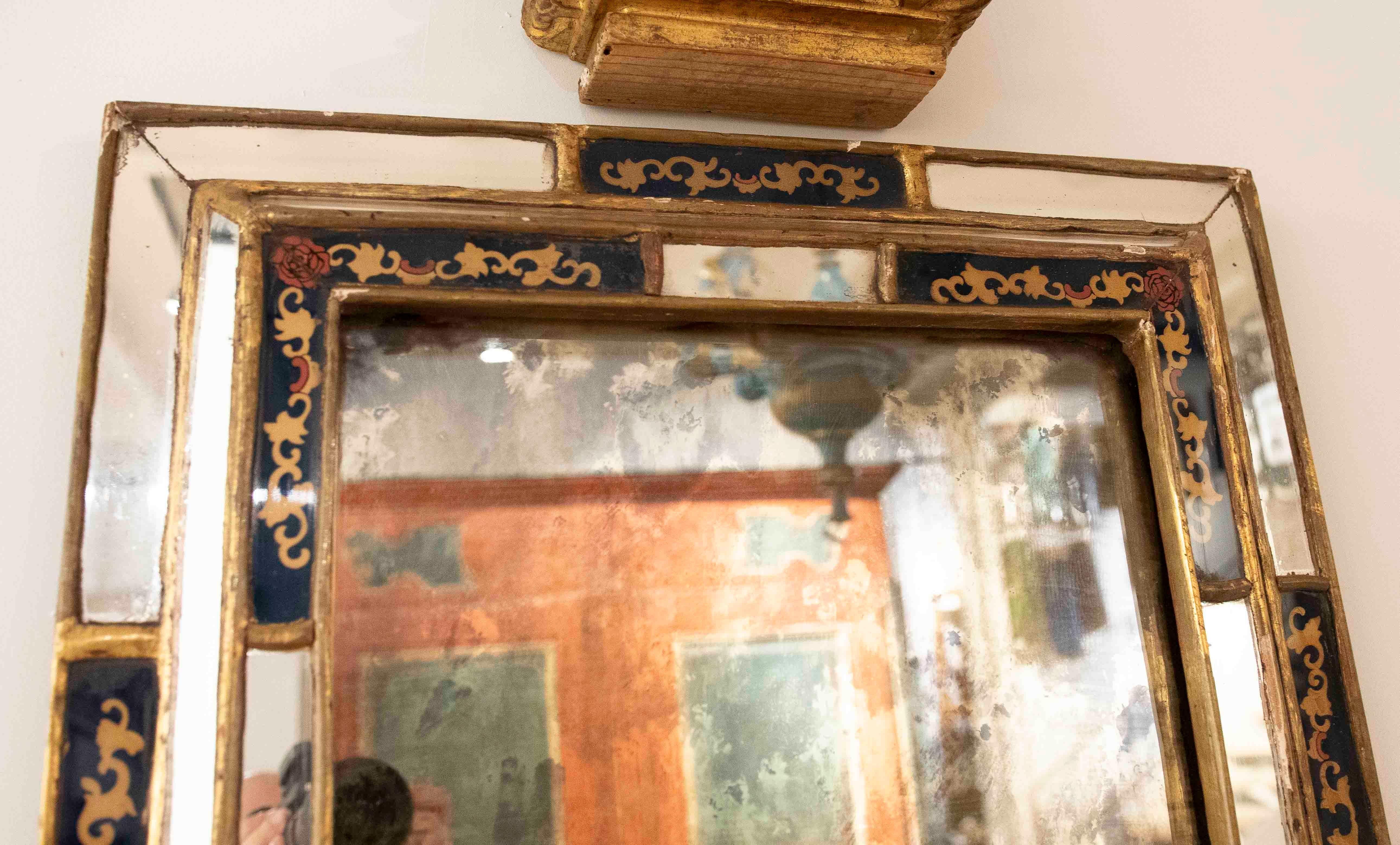 1950s Antique Mirror with Gold Frame and Glass Painted & Gold Leaf For Sale 7