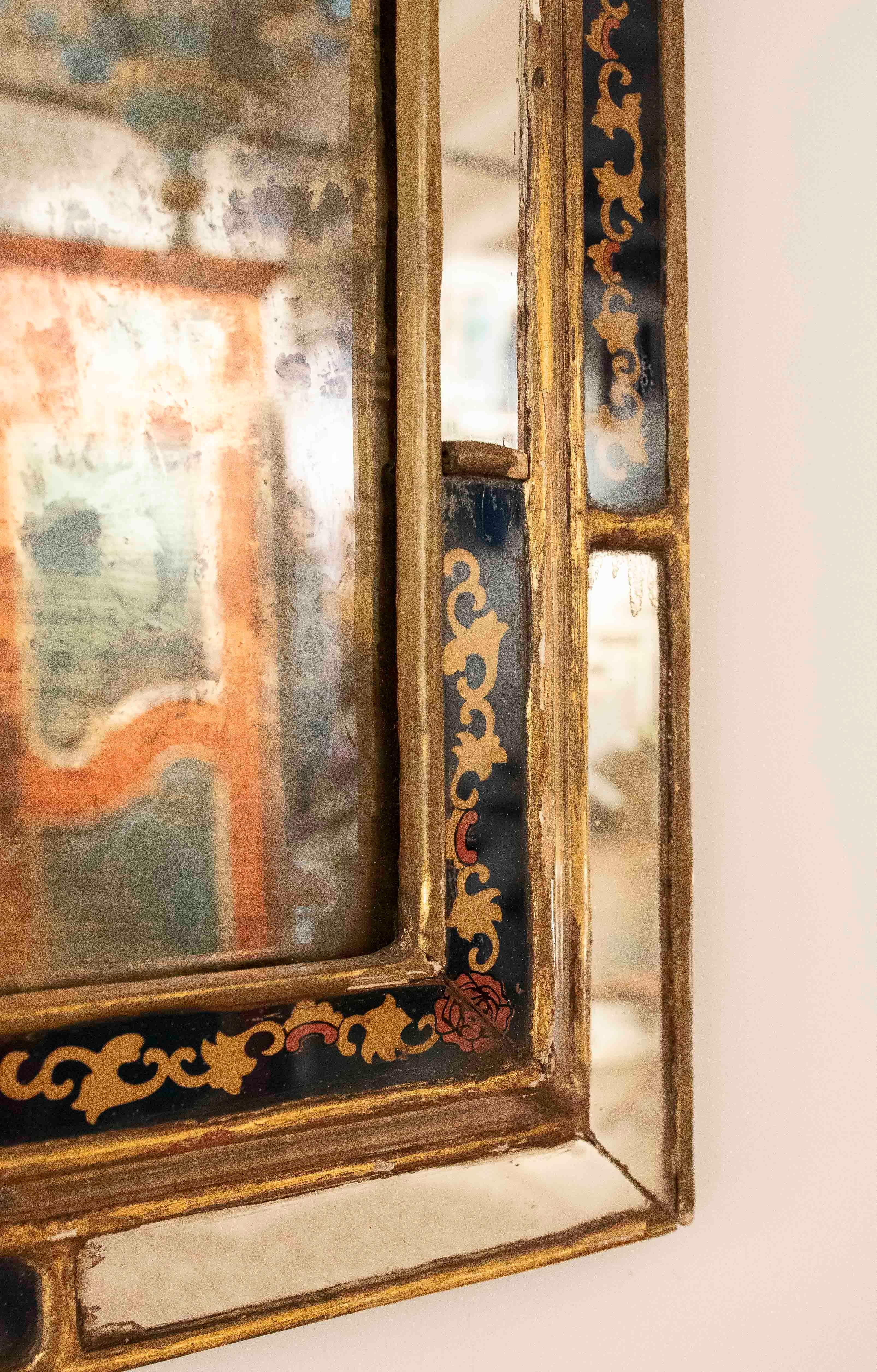 Spanish 1950s Antique Mirror with Gold Frame and Glass Painted & Gold Leaf For Sale